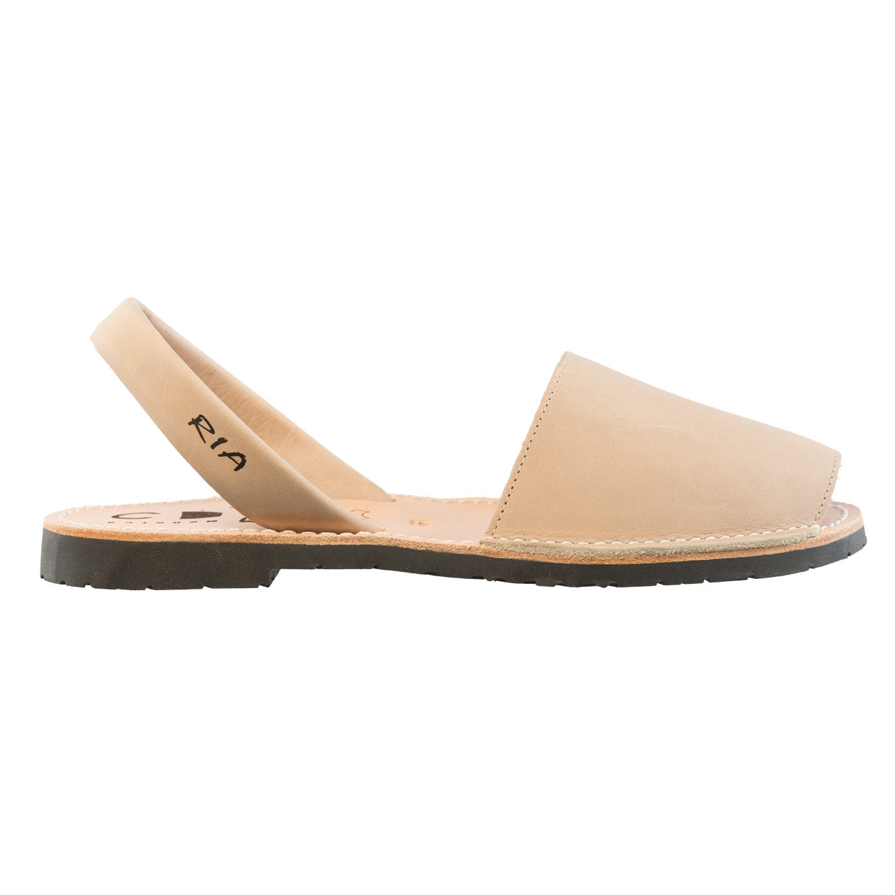 Ledersandalen aus Menorca in Beige mit schwarzer Sohle