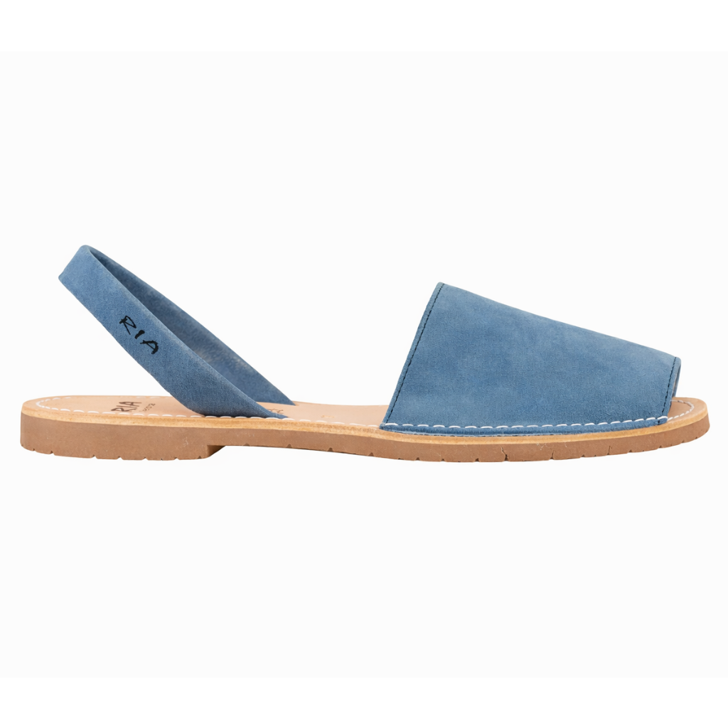 Jeansblaue Sandale Avarcas für Damen mit Sohle in Karamell