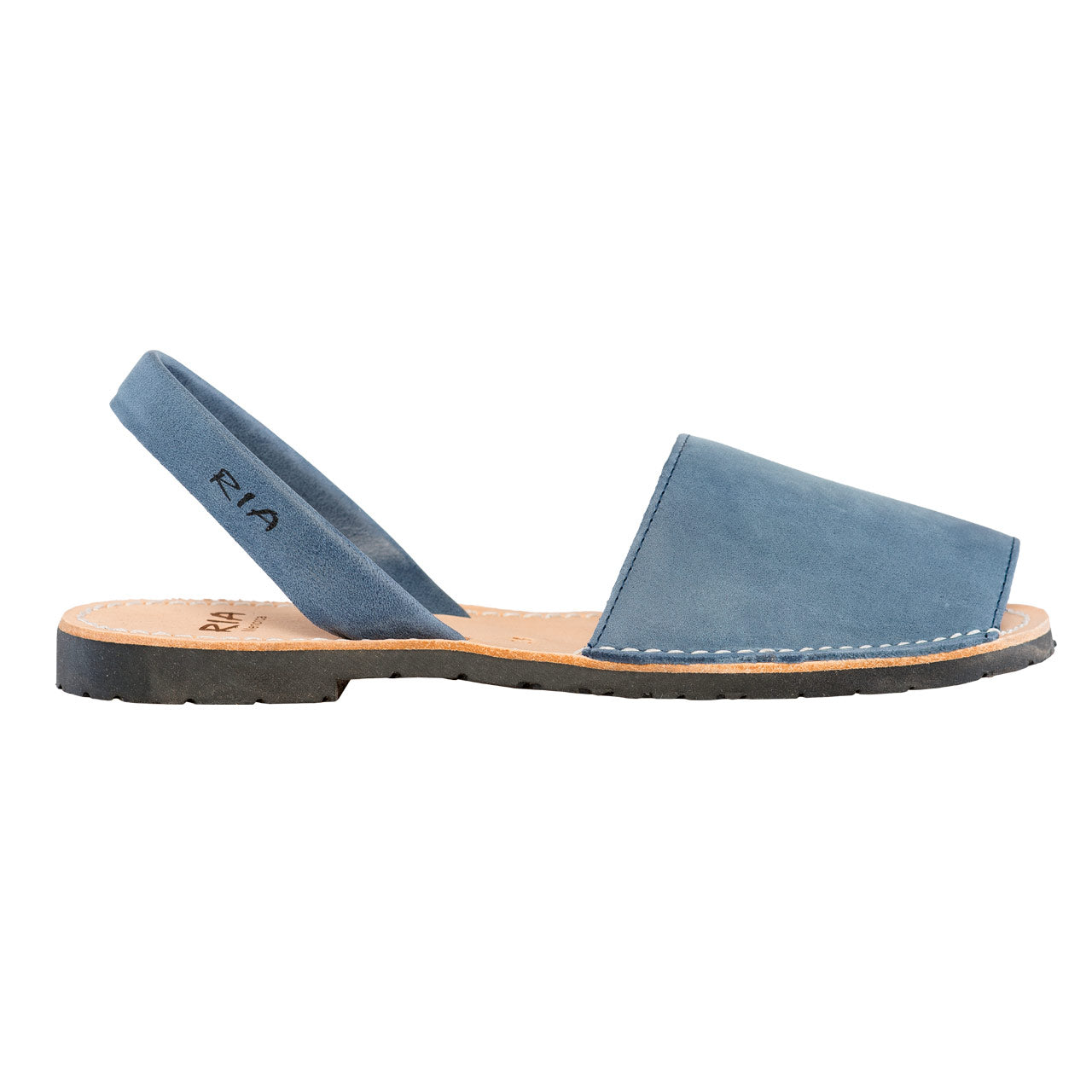 Leder Avarca Sandalen von RIA Menorca in Jeansblau mit schwarzer Sohle