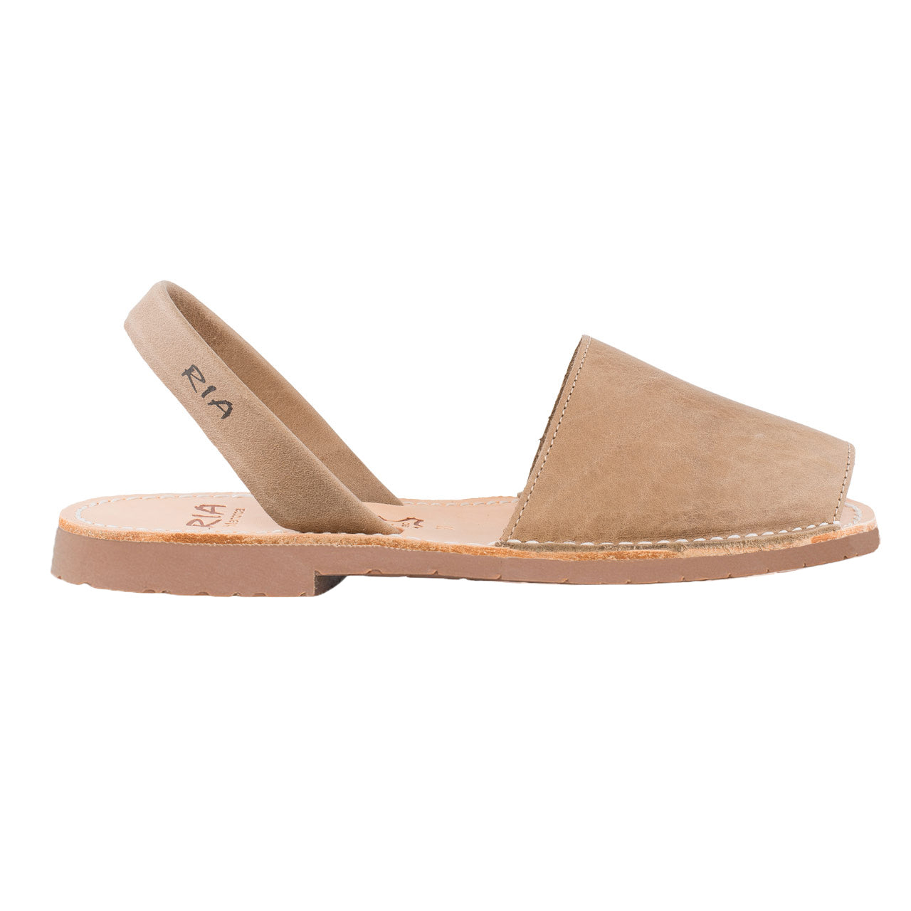 Echtleder Damensandale Avarca aus Spanien in Beige-Braun mit Karamellsohle im Profil